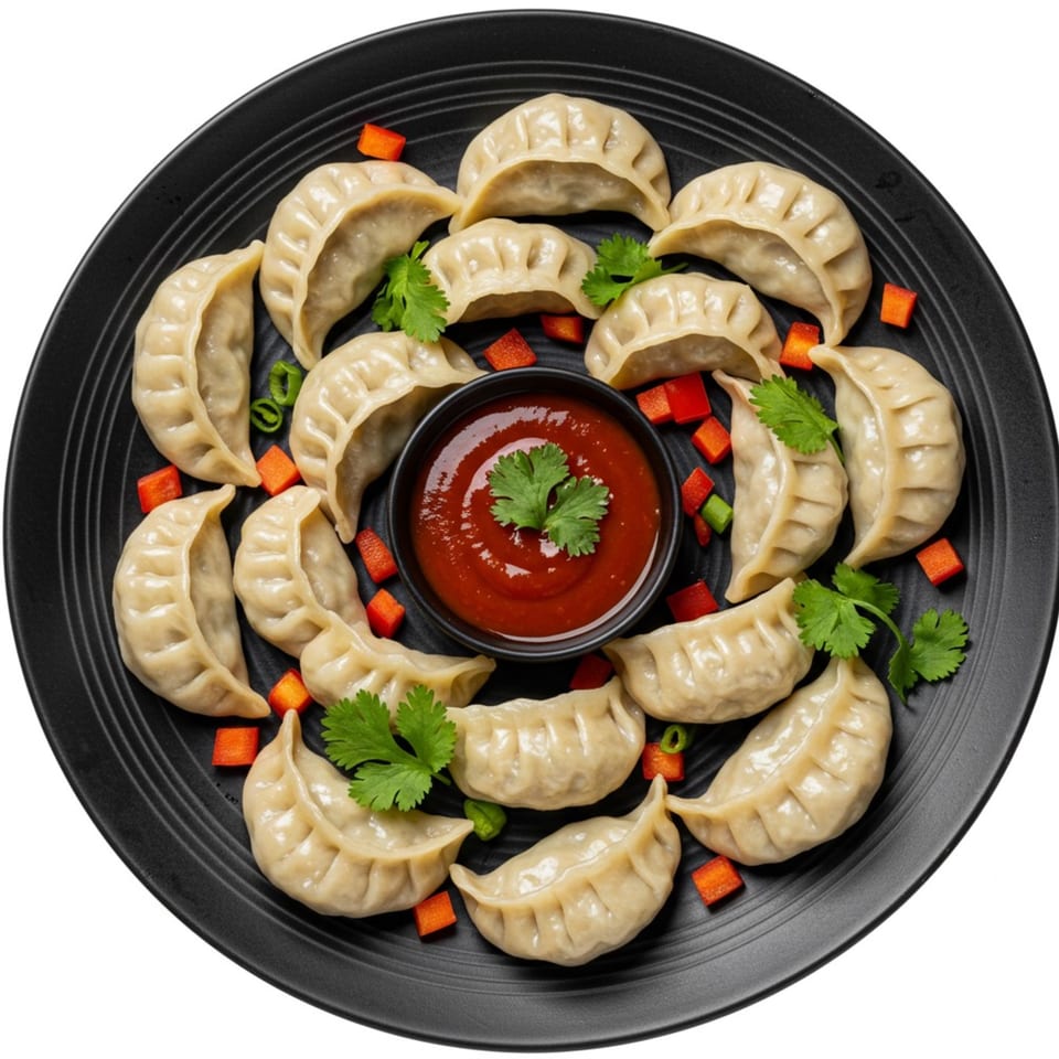 A black plate filled with Nepali momo dumplings, red sauce, cilantro, and chopped bell peppers.